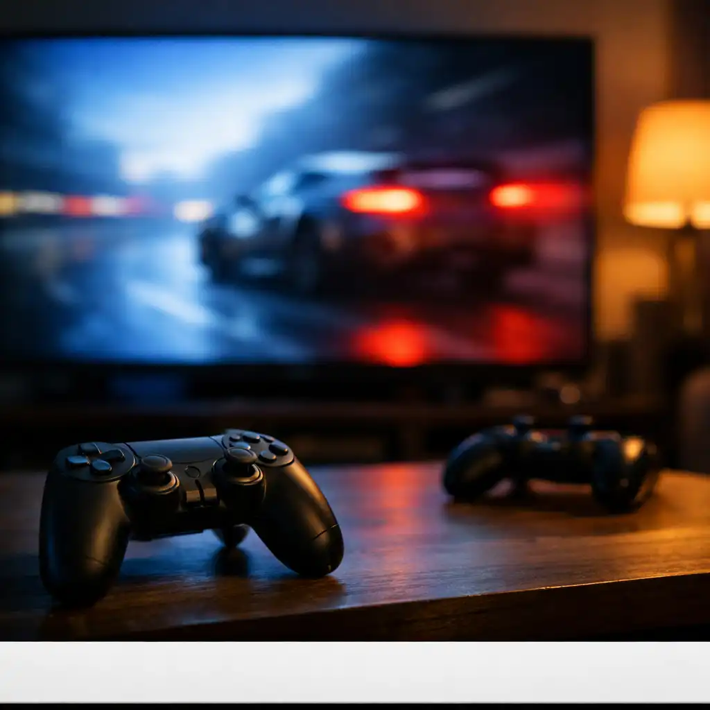 Generic controller in a living room with blurred racing action on a television