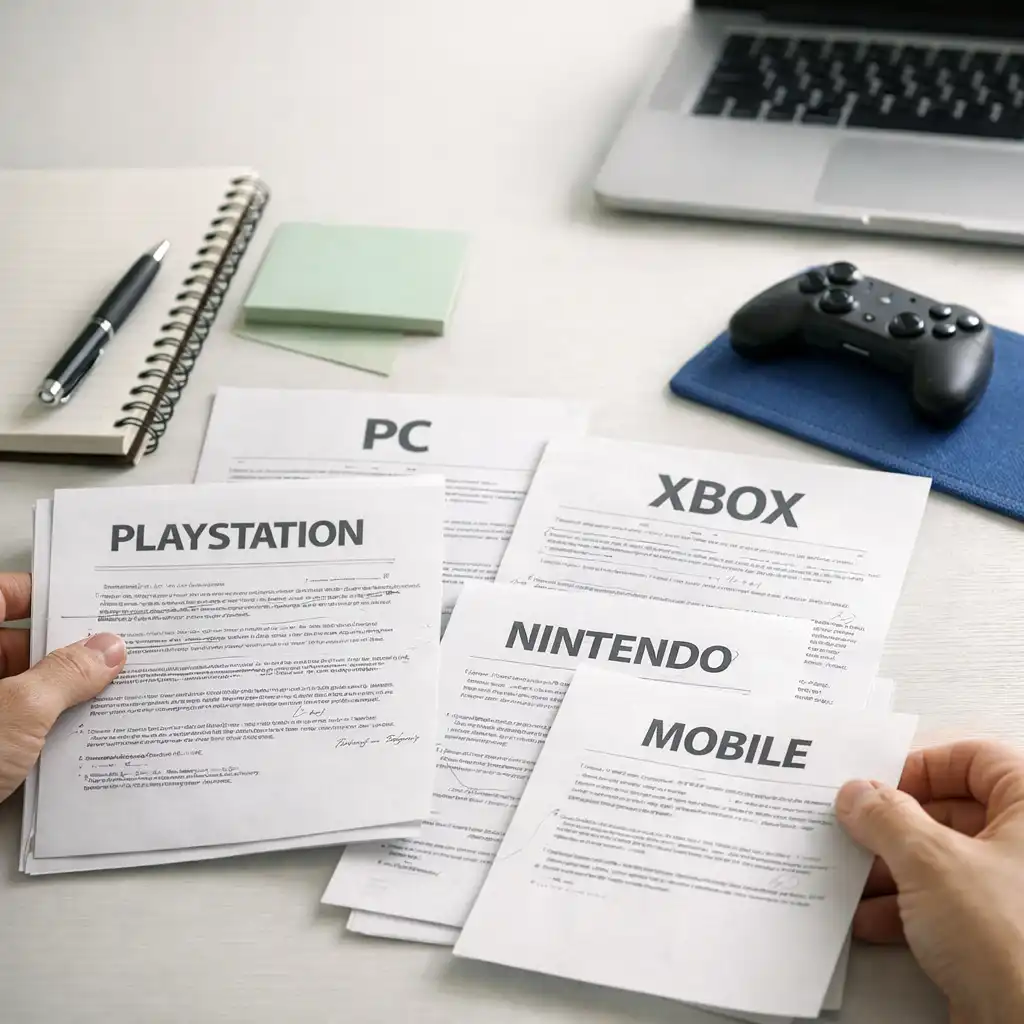 Hands reviewing platform-labelled story drafts beside a notebook and gaming controller.