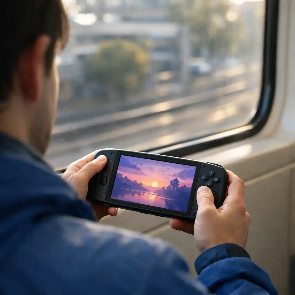 Person playing a generic handheld gaming device beside a train window