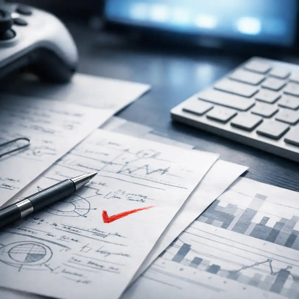 Editorial analysis materials with handwritten notes, keyboard and controller detail