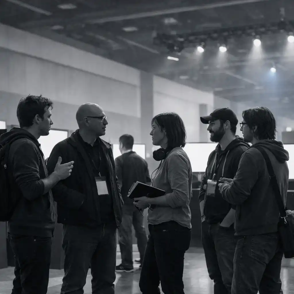 Developers and journalists speaking in a contemporary games industry event hall
