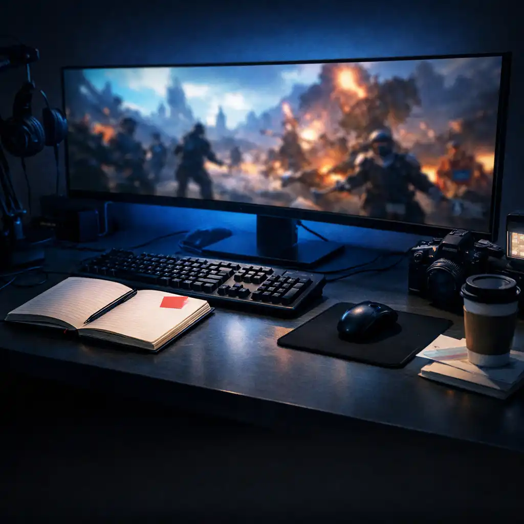 Editorial gaming newsroom desk with monitor, notebook and keyboard
