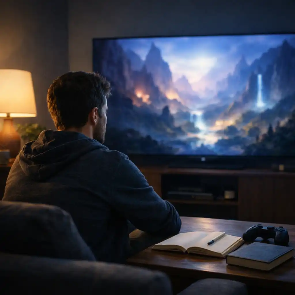 Player facing a large screen in a considered home gaming space