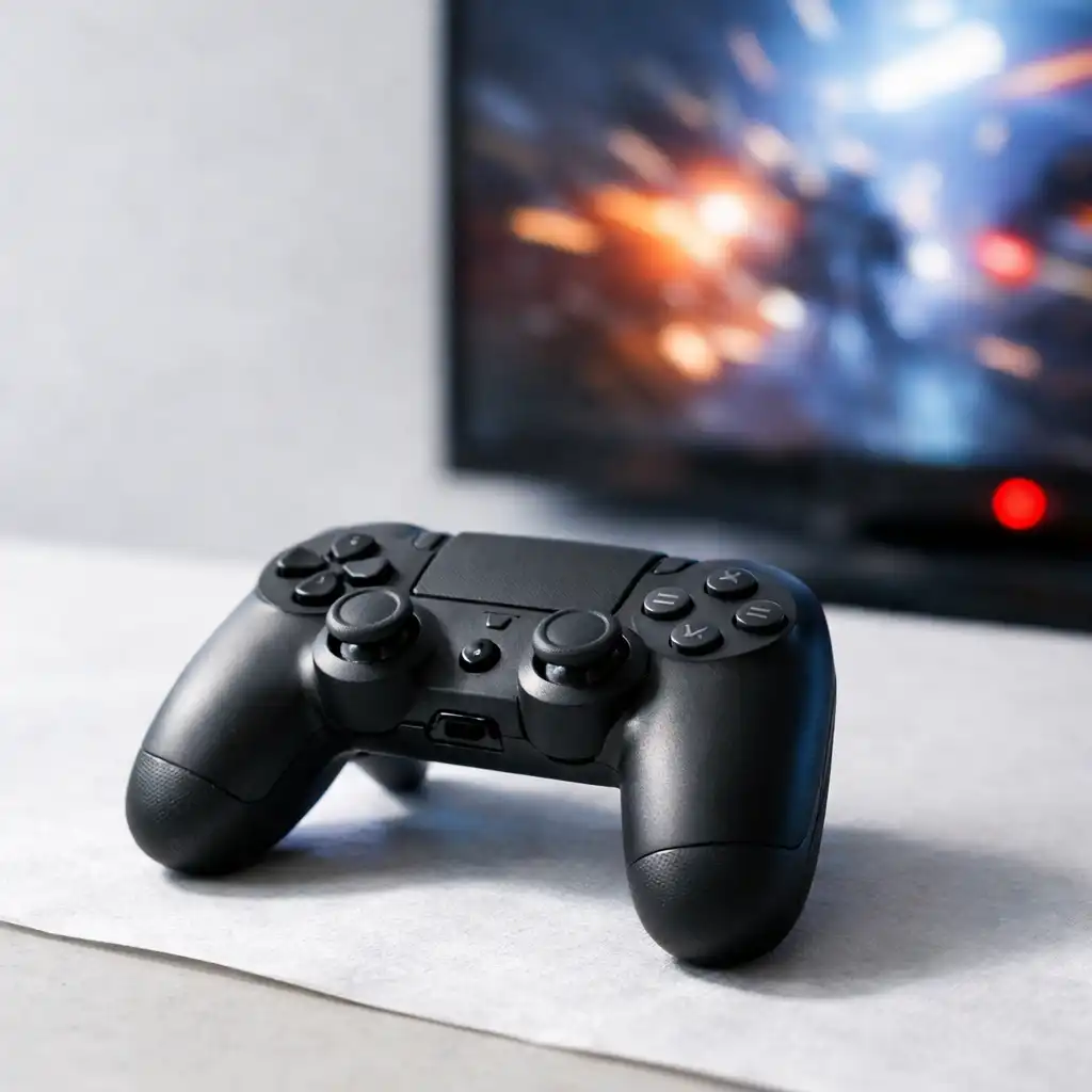 Editorial photograph of a console controller on a textured surface