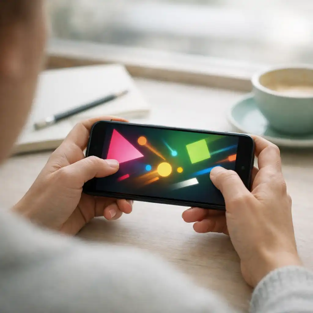 Hands holding a smartphone while playing an abstract mobile game