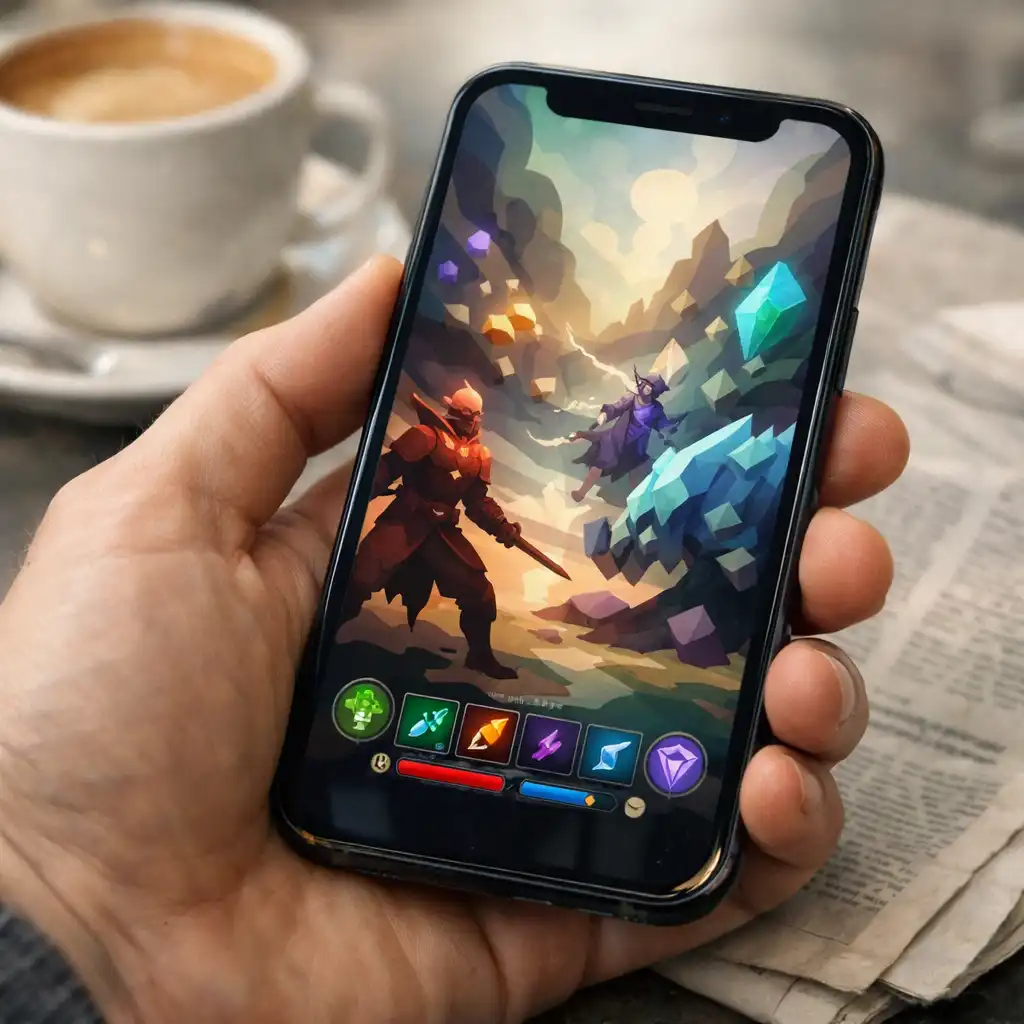 Person holding a phone showing abstract fantasy game imagery