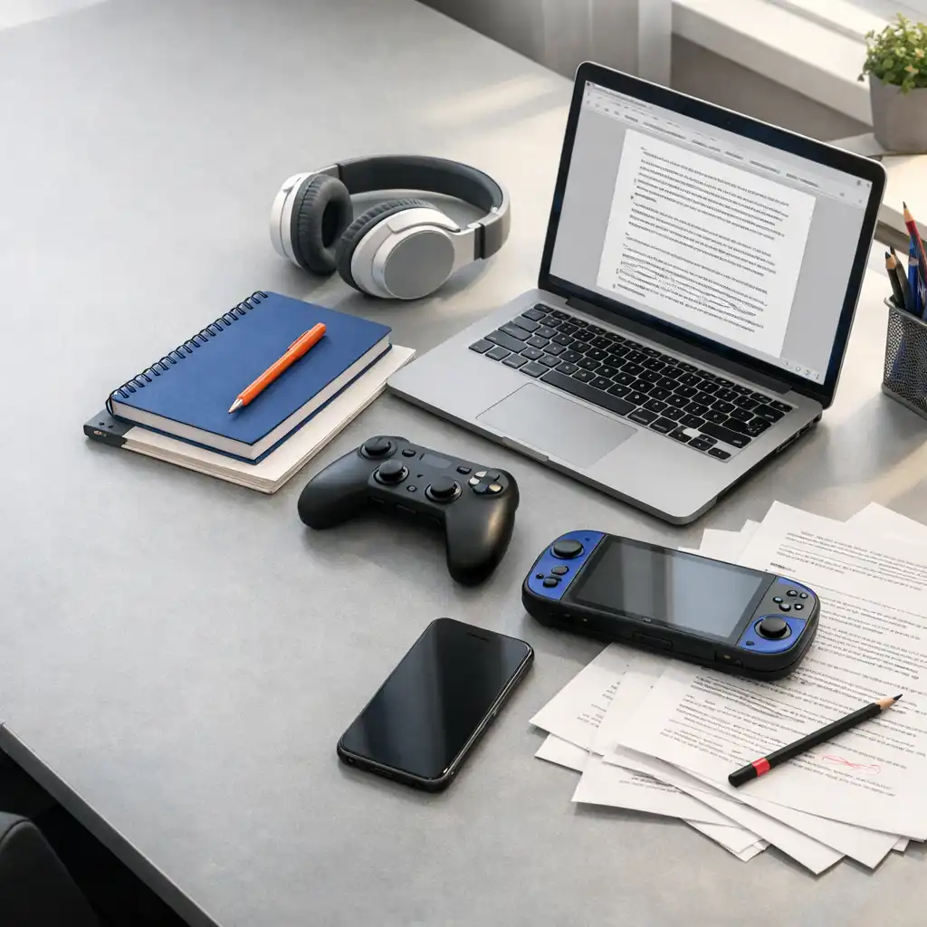 Gaming news reporting desk with a laptop, notes, headphones, controller and story drafts.