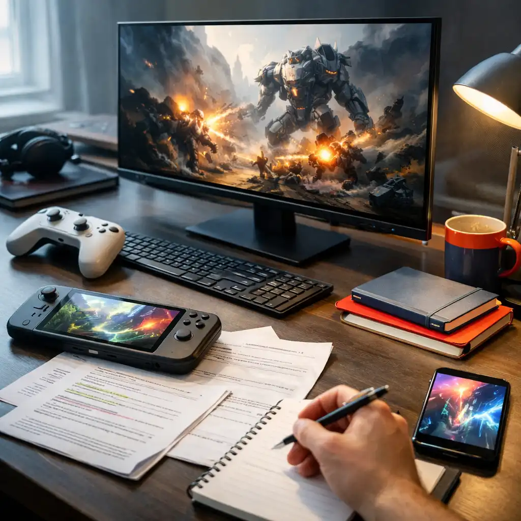 Independent gaming newsroom desk with a monitor, controller, handheld device and phone