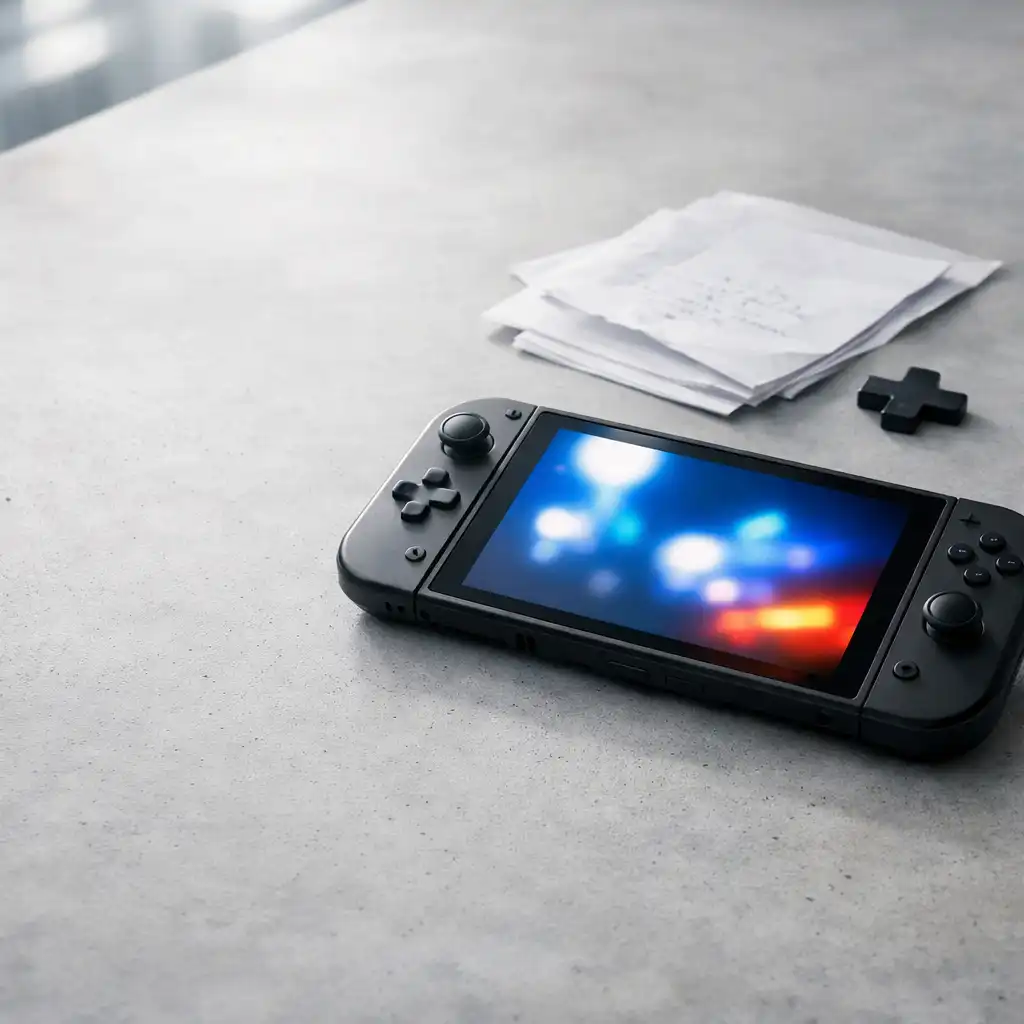 Unbranded handheld-style game device on an editorial desk with paper notes