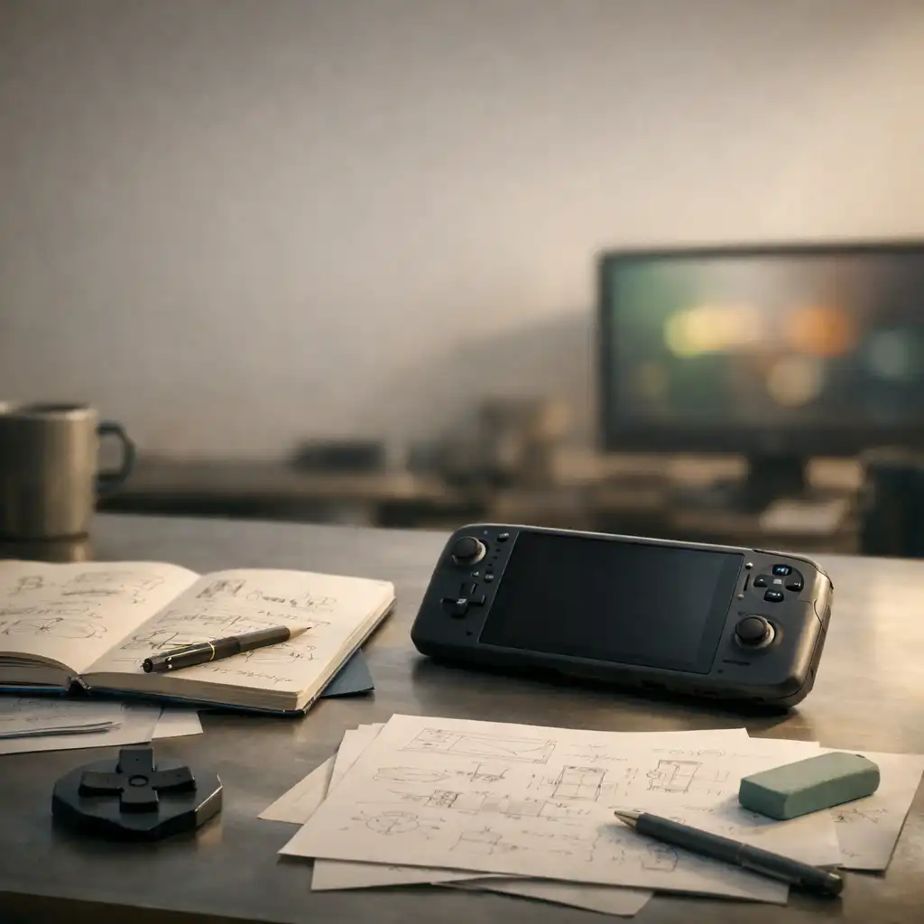 Unbranded handheld device, sketchbook and game-development notes in a softly lit workspace