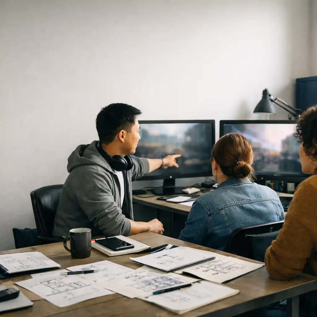 Independent game development team discussing work around monitors and notes