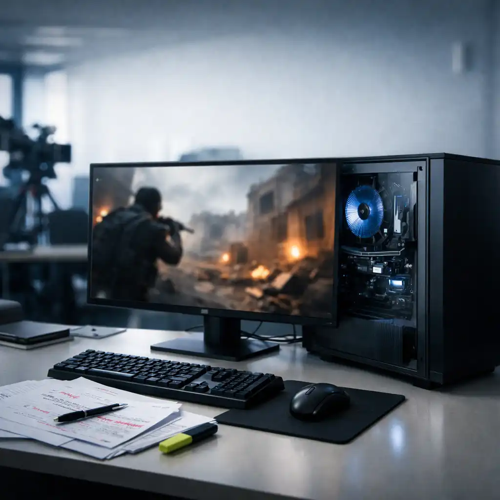 Desktop PC gaming setup with widescreen monitor, keyboard and editorial notes