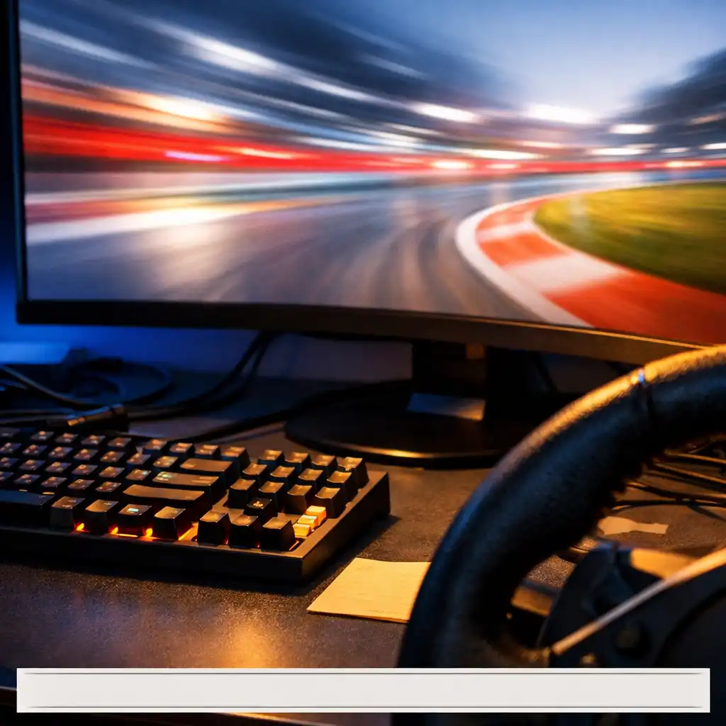PC gaming setup with racing action on a monitor