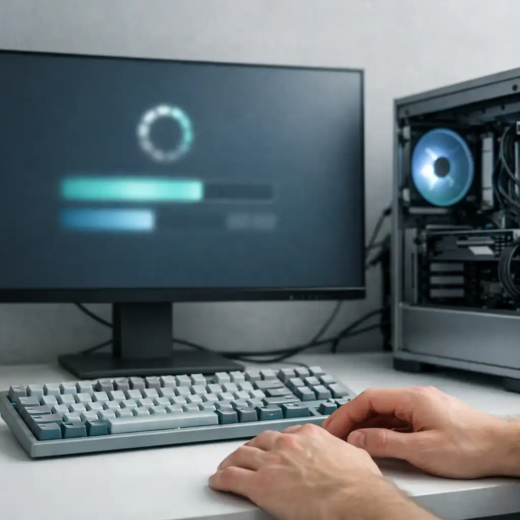 Hands at a PC workstation with keyboard, monitor and desktop hardware