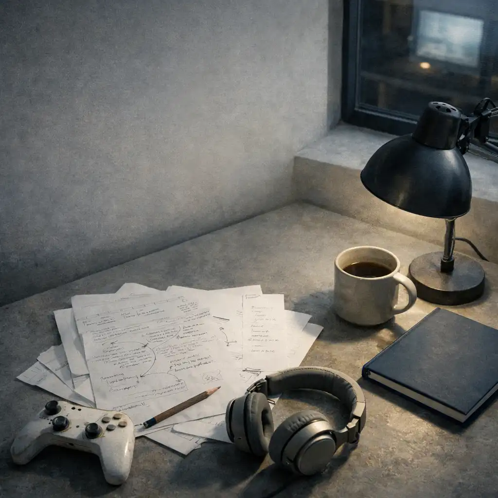 Annotated printouts, a controller and headphones on a thoughtful critic's workspace