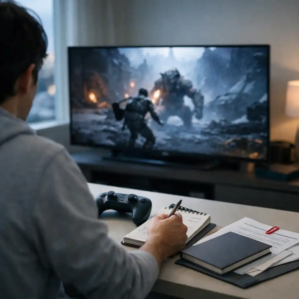 A person reviewing gameplay at a home entertainment setup with a controller on a desk