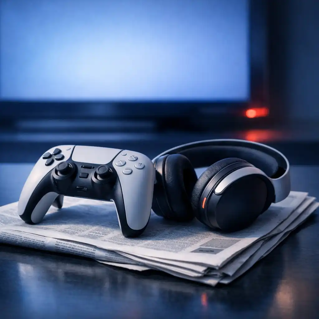 A controller and headset resting on a folded newspaper beside a softly lit screen