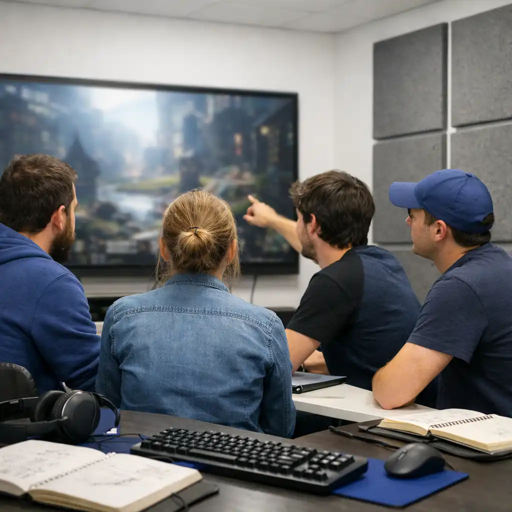 A small game development team reviewing a display in a contemporary studio