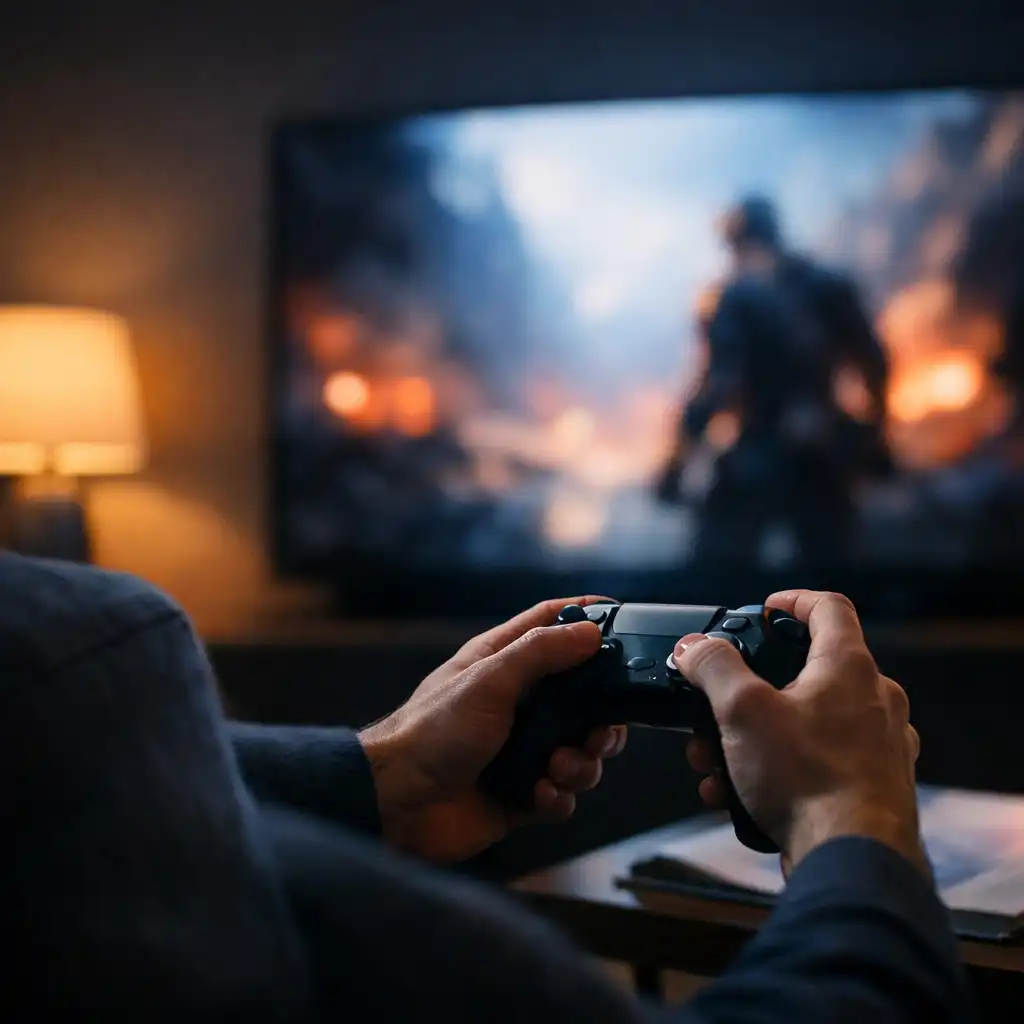 Hands holding a controller while a television game image remains softly out of focus