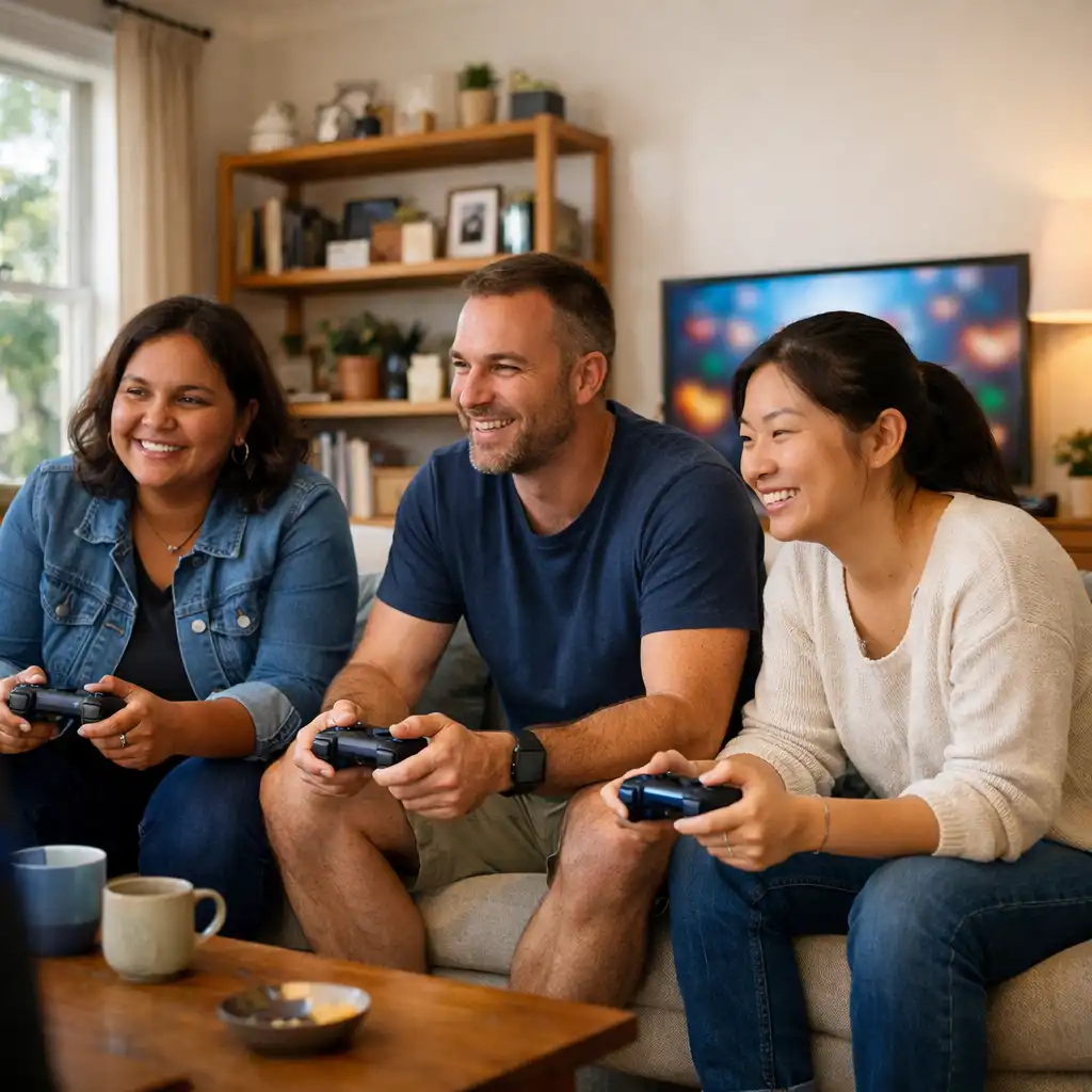 Three friends playing a cooperative game together in a bright living room.
