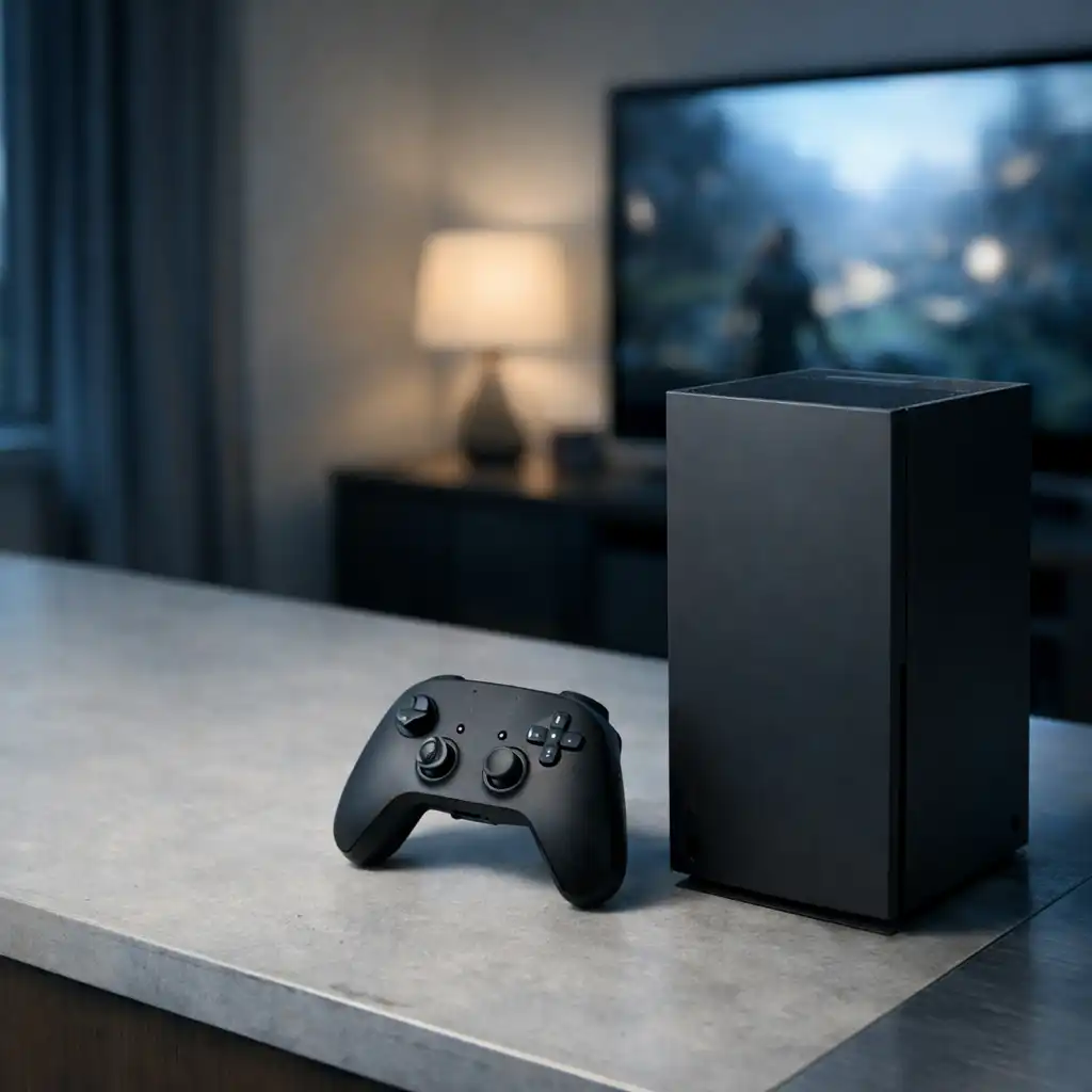 A black game console and controller on a pale desk beside a softly blurred television.