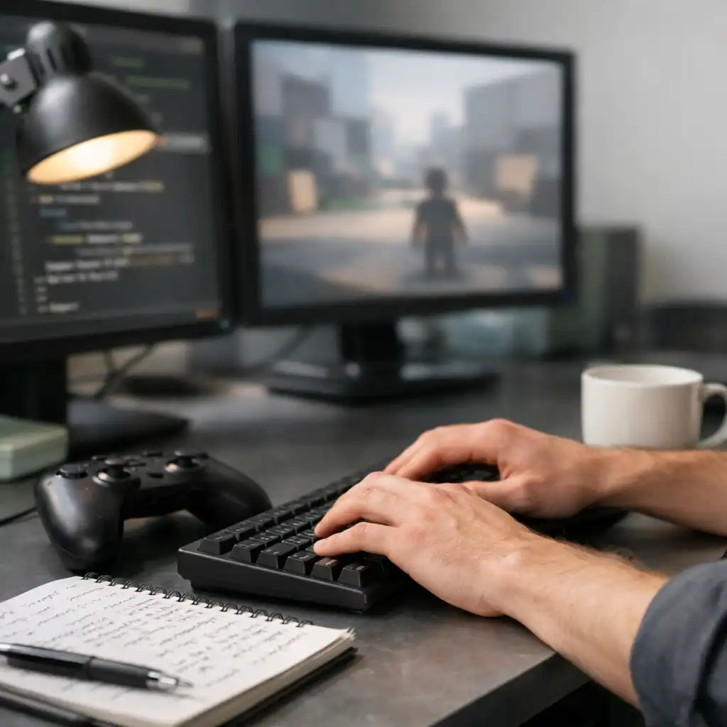 Developer hands at a keyboard with a controller on a studio desk.